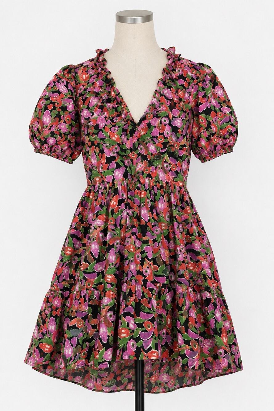 Banjanan Floral Cotton Puff Sleeve Tiered Mini Dress Black Pink Size M UK 14